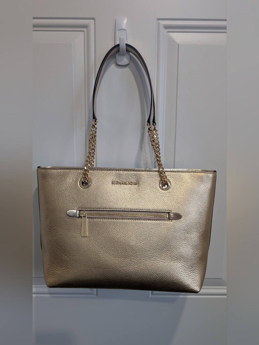 NWT Michael Kors Jet Set Medium Front Zip Chain Leather Tote Bag - Pale Gold